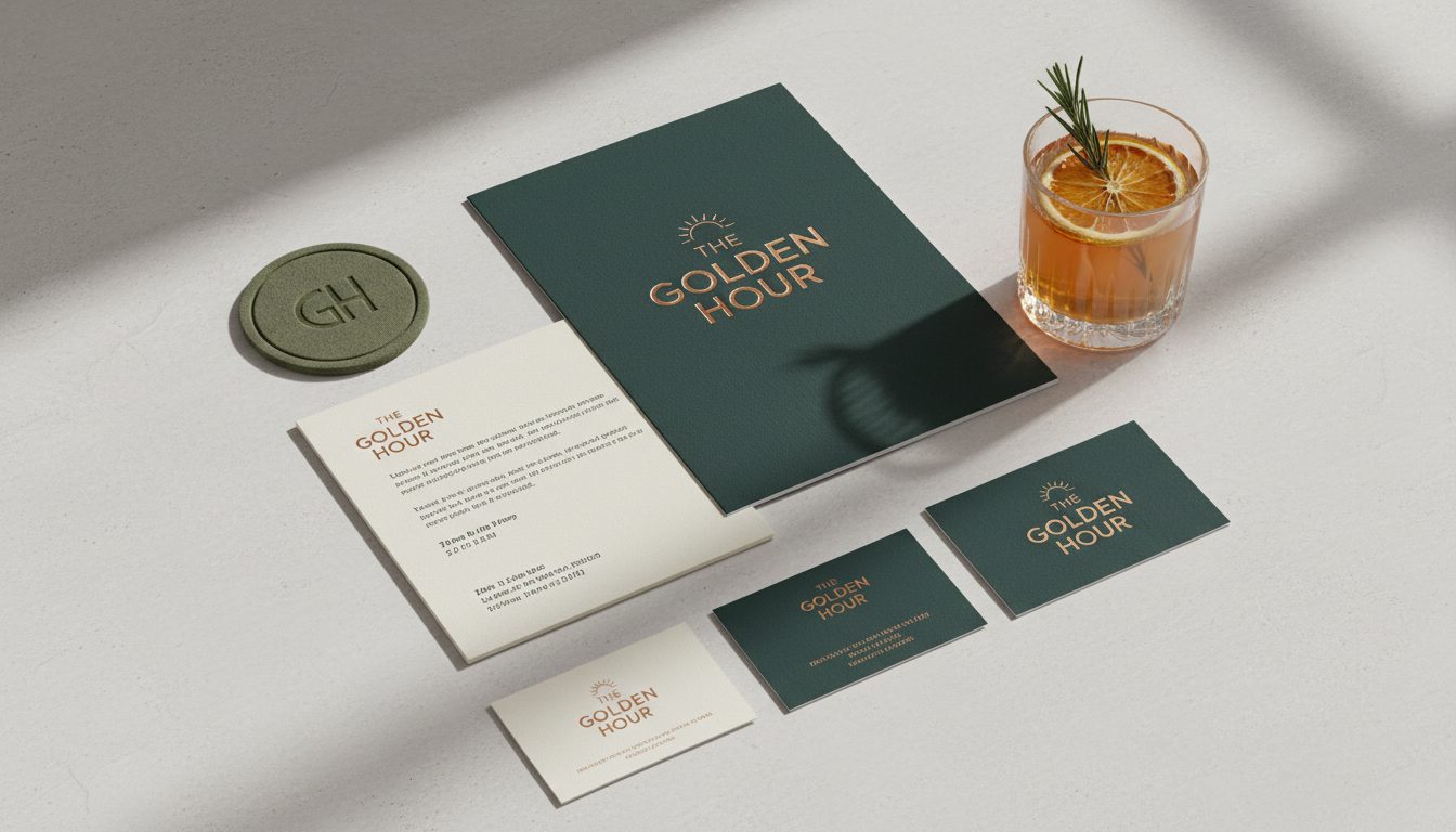 Flat lay of bar brand identity elements: menu, coaster, stationery, drink.