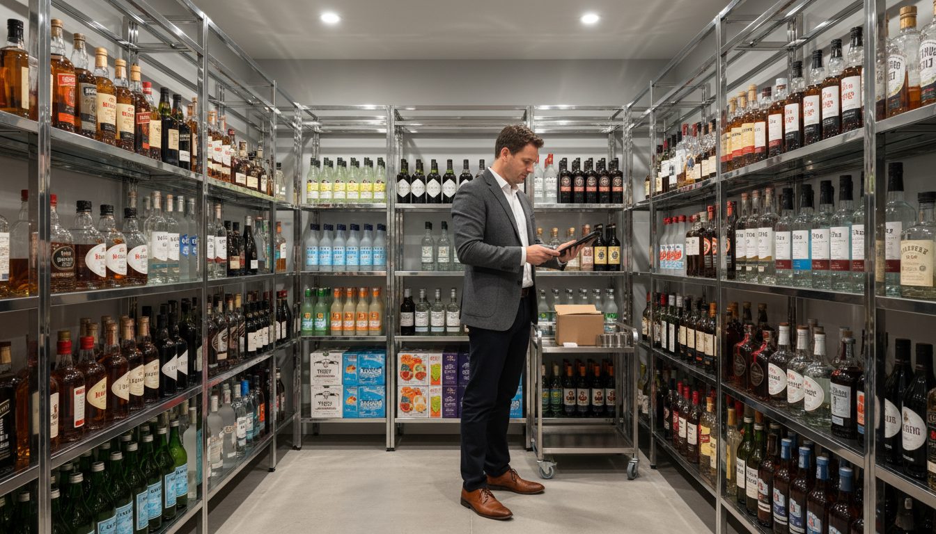 Bar manager checking inventory on a tablet in a clean, organized storage room.