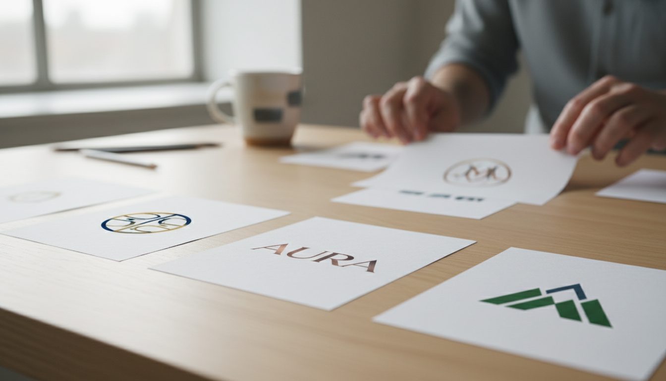 Designer's hands arranging different bar logo concepts on a desk.