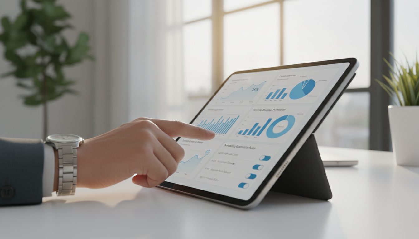 Рука управляет CRM-дашбордом на планшете, показывая аналитику