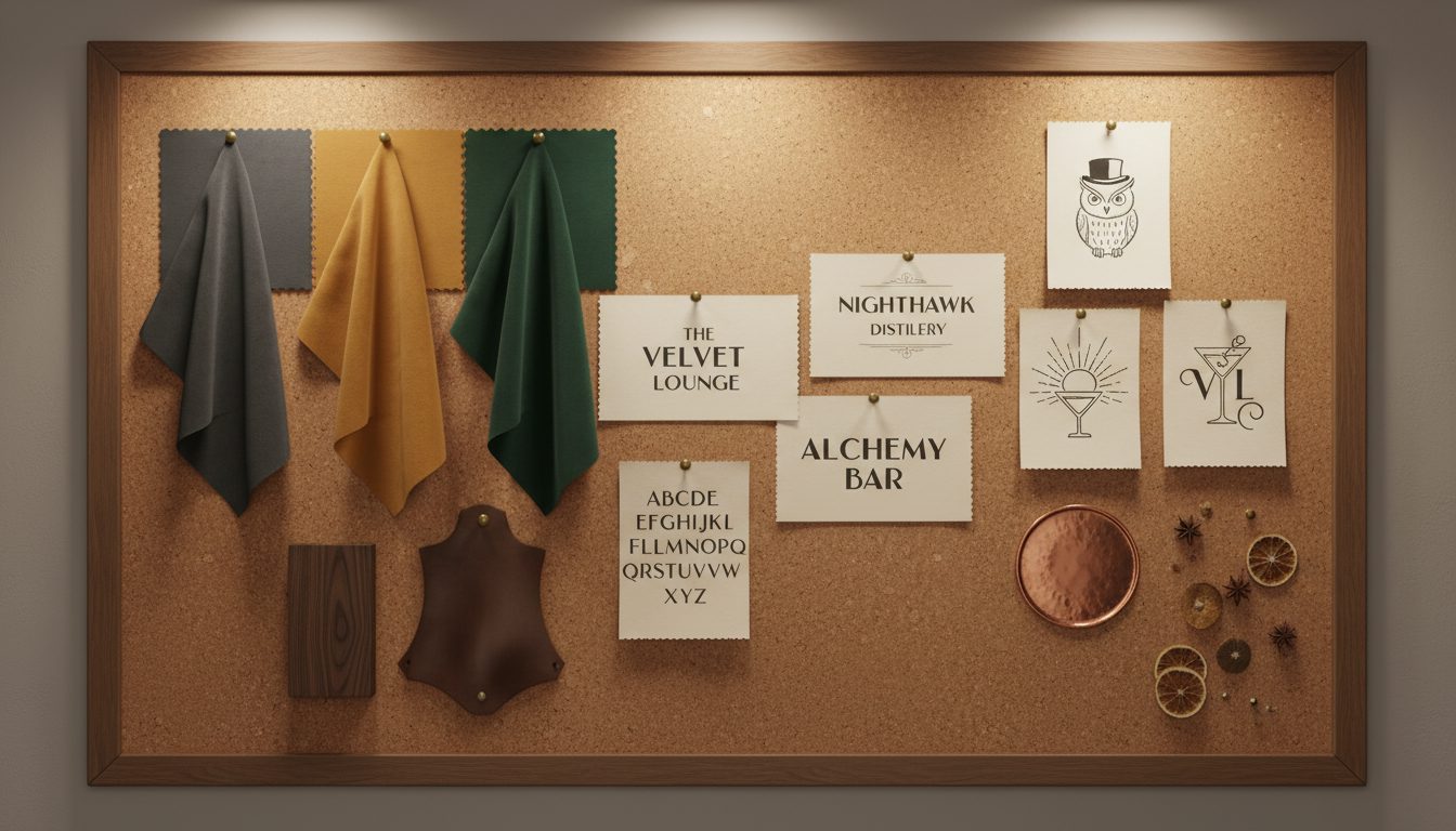 Mood board for bar branding with color swatches, fonts, and logo sketches.