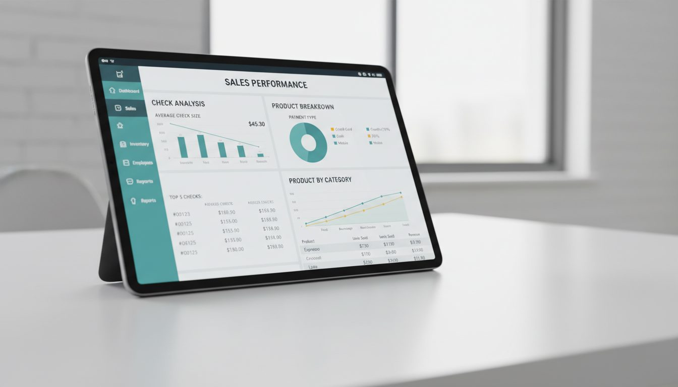 Интерфейс POS-системы с данными анализа чеков и продаж в баре.