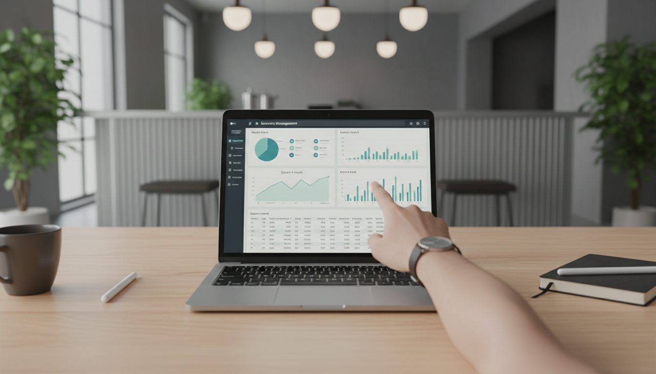 Laptop screen showing bar inventory management software with data analytics.