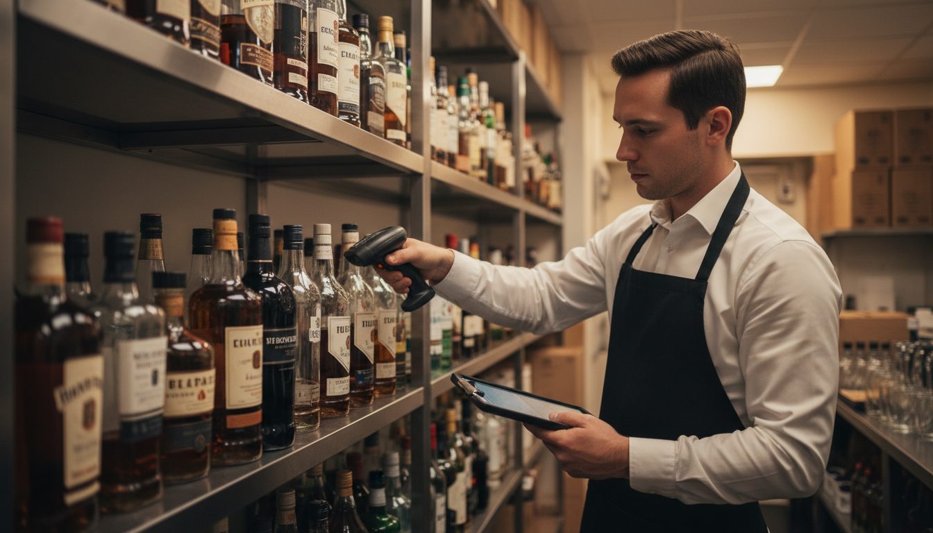 Bar employee conducting a detailed physical inventory count of alcohol bottles.